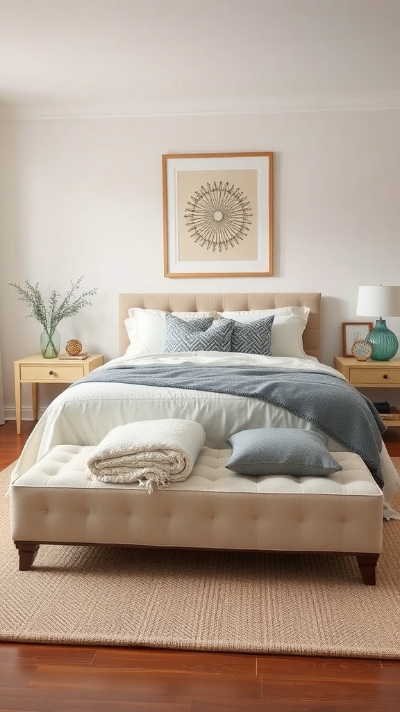 A stylish bedroom featuring a convertible ottoman at the foot of the bed, showcasing its storage capabilities.