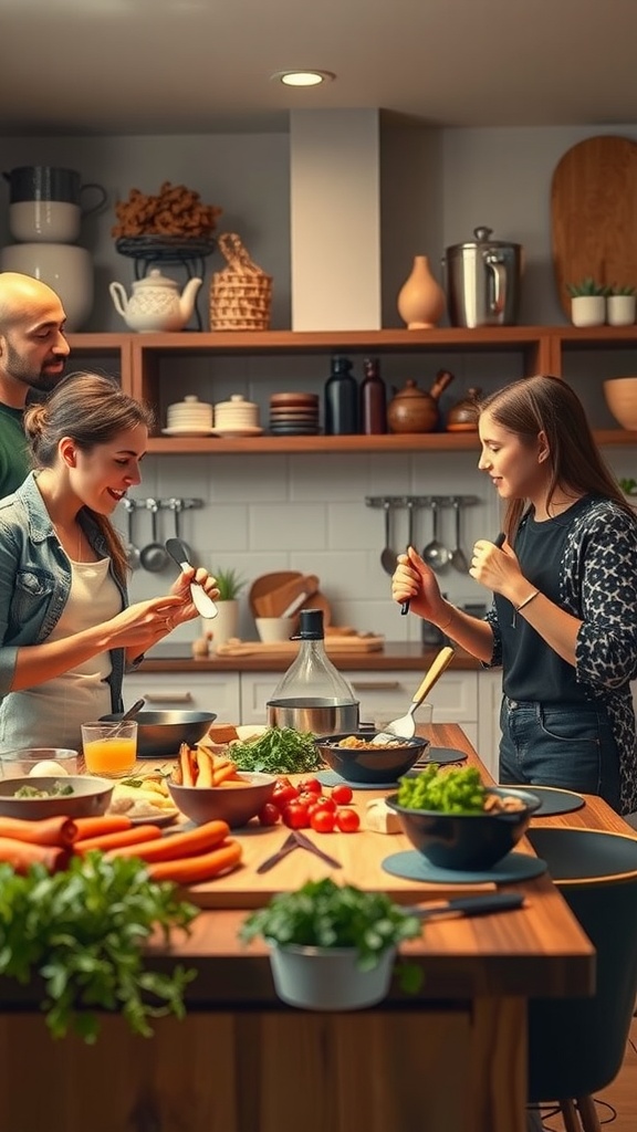 A group of friends enjoying a cooking challenge together in a kitchen, surrounded by fresh ingredients.