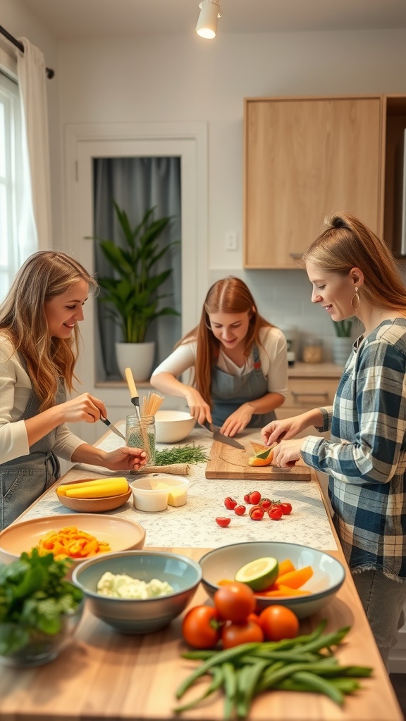 Three friends cooking together in a bright kitchen, preparing fresh ingredients and having fun.