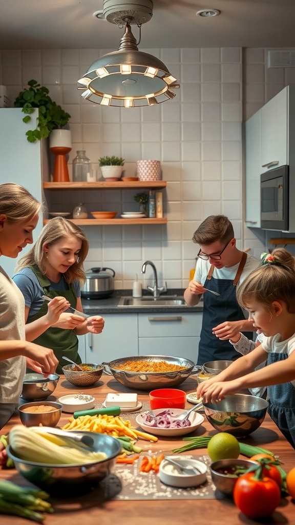 A family engaged in a cooking competition in a cozy kitchen, with various ingredients and bowls spread across the table.