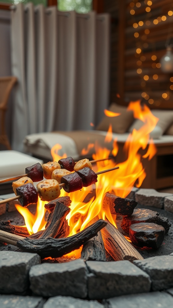 Skewers with food cooking over a fire pit, surrounded by flames and stones.