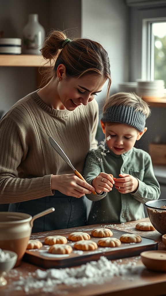 A mother and son baking cookies together in a cozy kitchen.