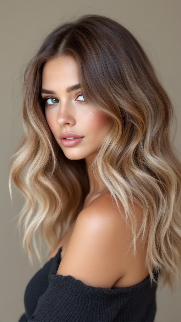 A person with medium brown hair and cool ashy highlights, styled in loose waves.