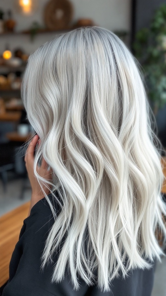 A close-up view of a woman with cool blonde hair featuring silver highlights styled in soft waves.