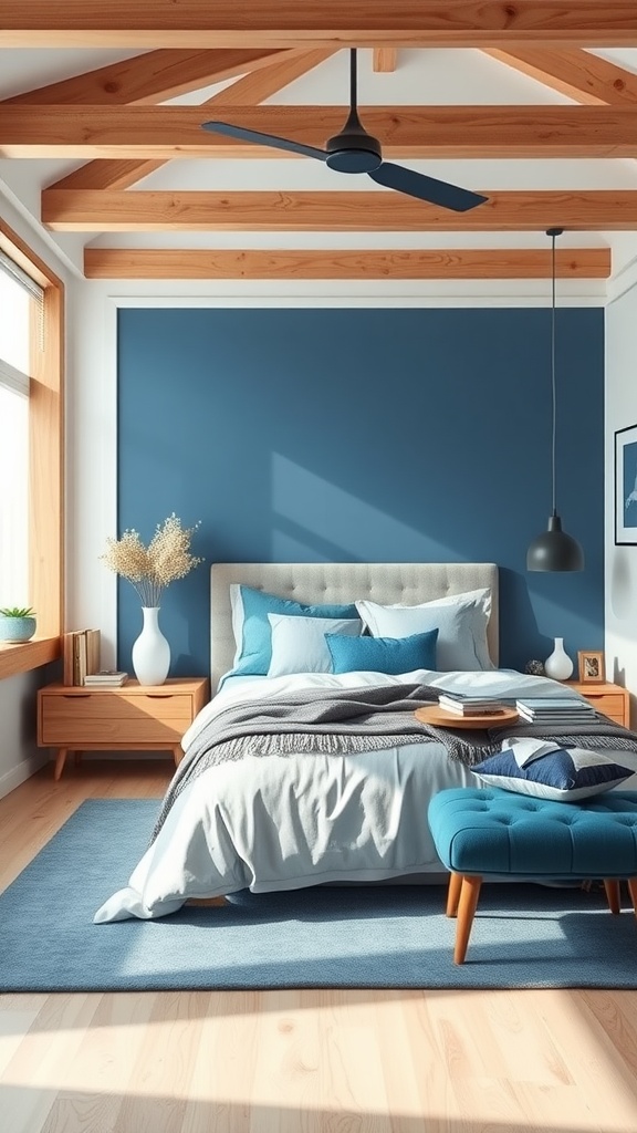 A stylish blue bedroom featuring a deep blue wall, wooden beams, and cozy textiles.
