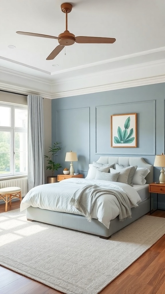 A serene bedroom with soft blue walls, gray bedding, and natural light.