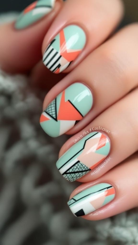 Nail design featuring mint green and coral colors with diagonal stripes.