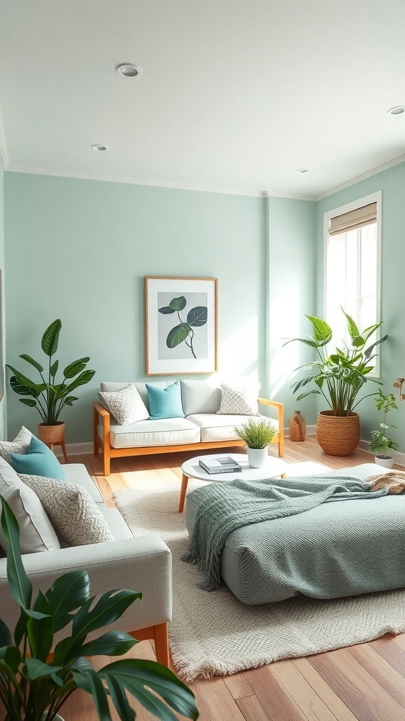 A living room with mint green walls, light wooden furniture, and plants, creating a fresh and inviting atmosphere.