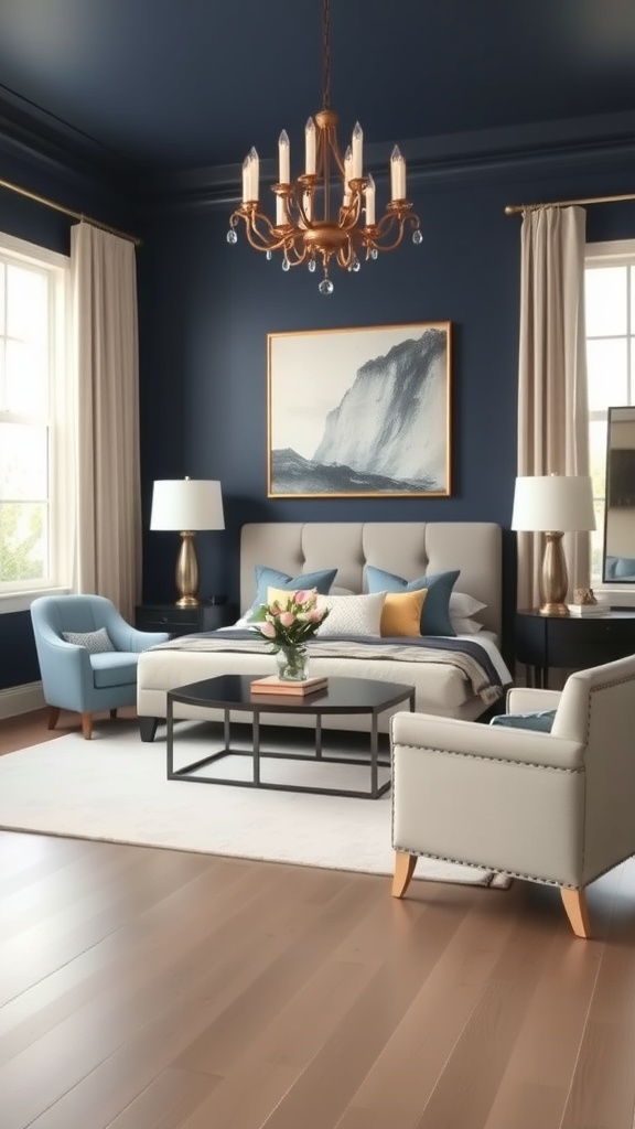 A sophisticated living room with navy blue walls, elegant chandelier, and stylish furniture.