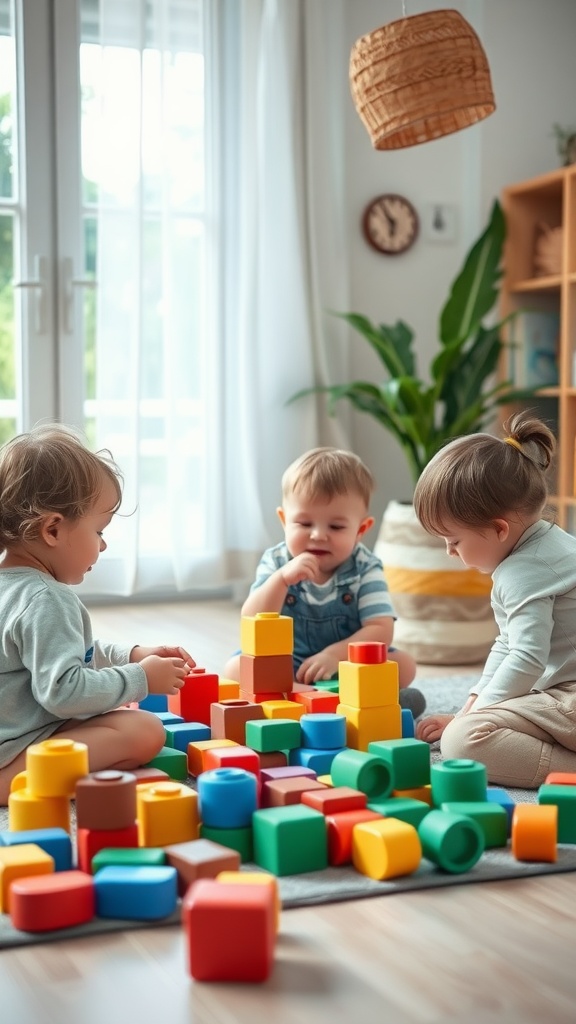 Three children playing with colorful building blocks on a rug in a bright family room