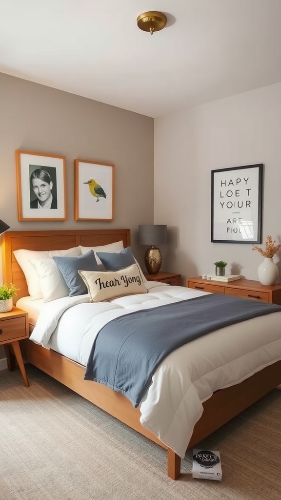 Cozy modern guest bedroom with coordinated bedding and decor