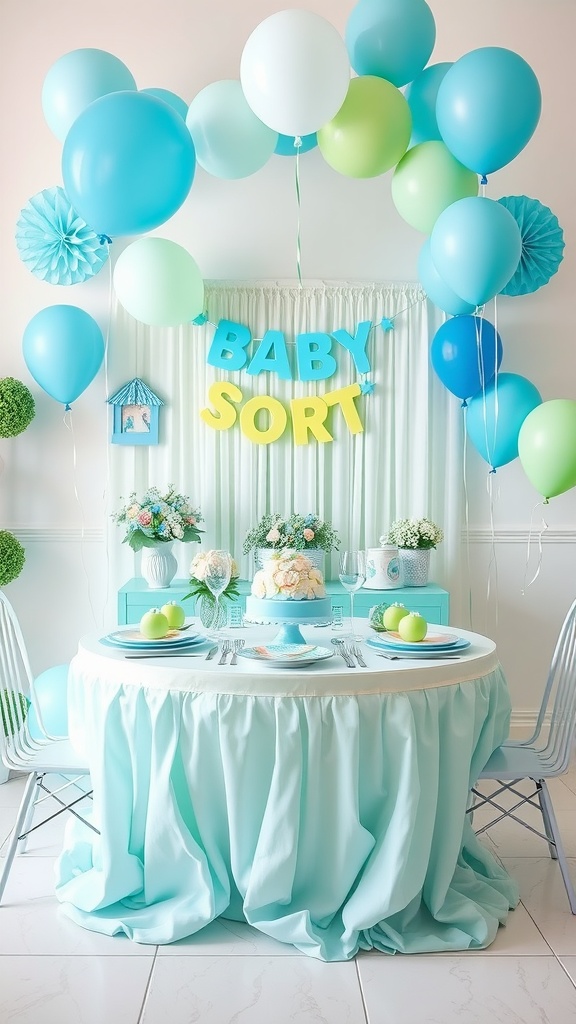 A baby shower table decorated with blue and green balloons, a light blue tablecloth, and fresh flowers.