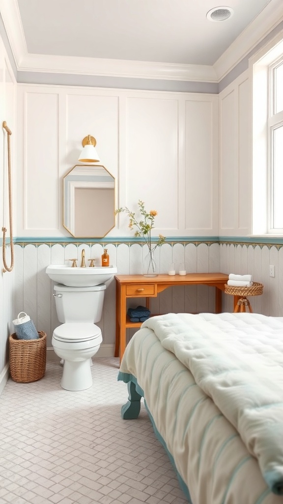 A stylish Jack and Jill bathroom featuring a light color scheme with blue accents and wooden elements.