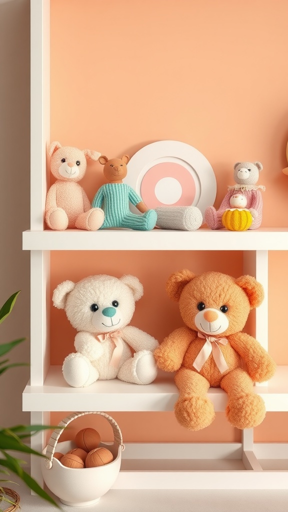 A colorful nursery shelf displaying plush toys against a peach wall.