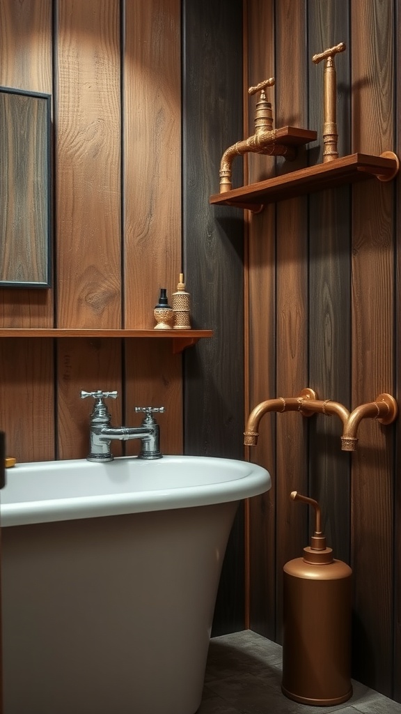 A rustic bathroom featuring a white freestanding tub, wooden paneling, and copper fixtures.