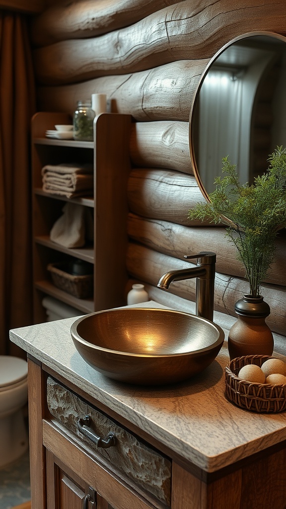 A rustic bathroom featuring a copper basin on a natural stone countertop, complemented by a wooden cabinet and decorative plants.
