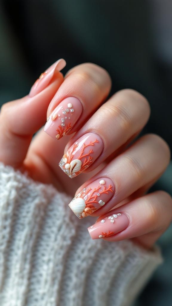 Close-up of coral reef accent nails with a soft pink base and coral designs, adorned with small gems.