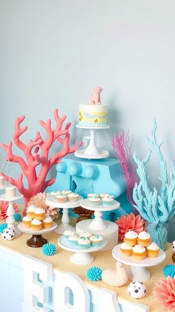 A colorful dessert table featuring coral decorations and ocean-themed treats for a baby shower.