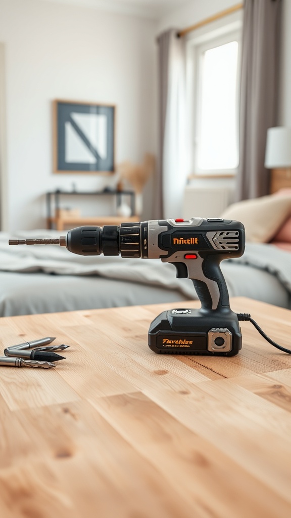 A cordless power drill on a wooden table with drill bits beside it, set in a cozy room.