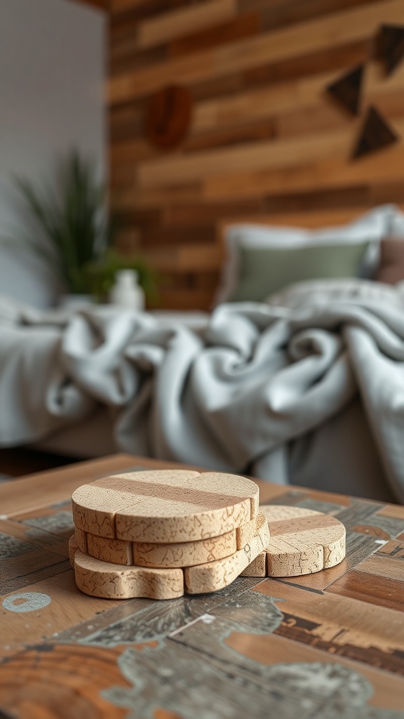 A stack of cork coasters on a wooden table with a cozy background.
