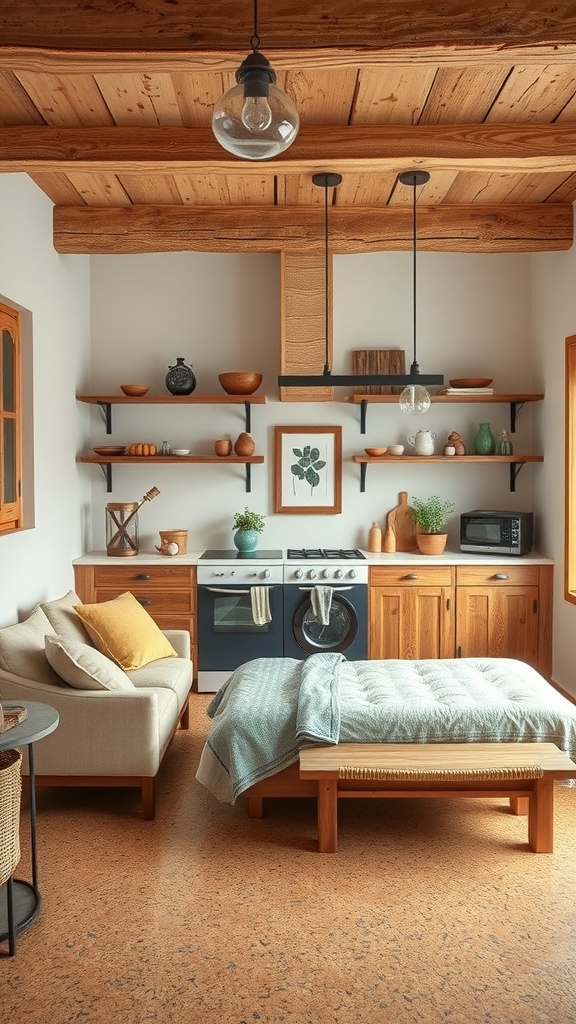 A rustic kitchen featuring cork flooring, wooden cabinets, and cozy decor.