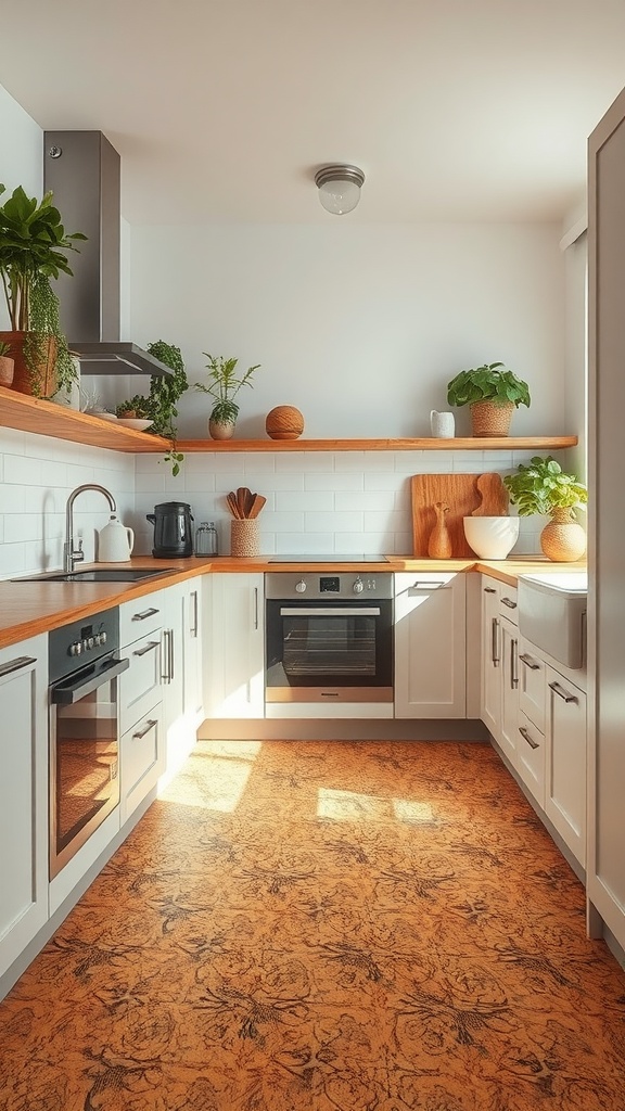 A modern kitchen with cork flooring, white cabinets, and green plants.