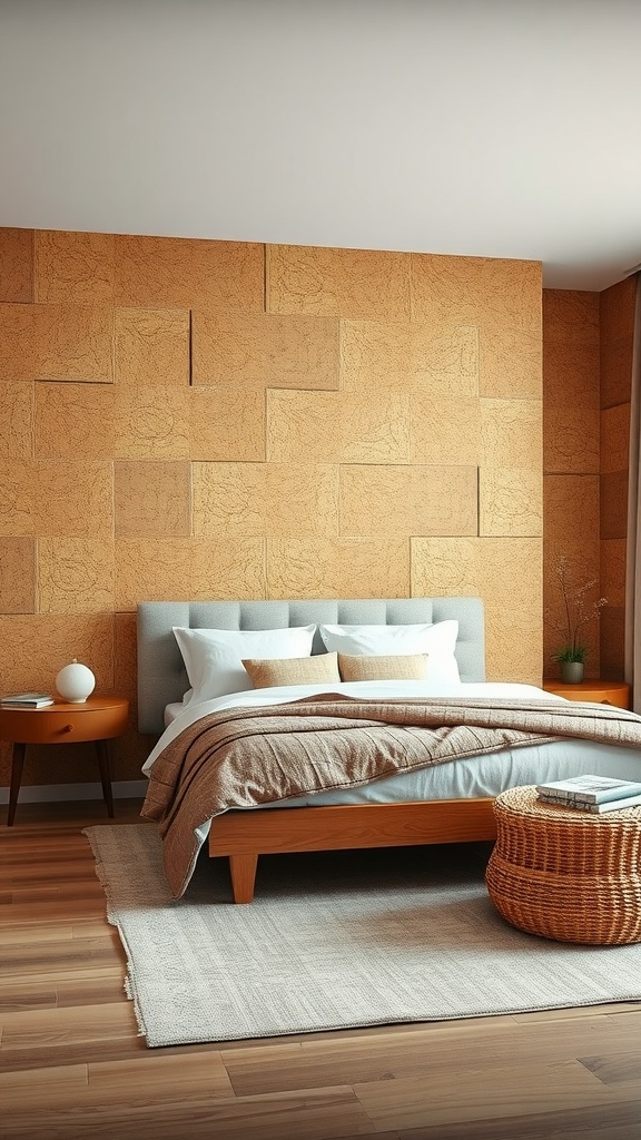 A cozy bedroom featuring a cork panel wall, wooden furniture, and soft bedding.
