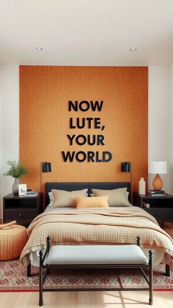 A bedroom featuring a cork accent wall in orange, with the phrase 'NOW LUTE, YOUR WORLD' displayed, cozy bed and warm decor.