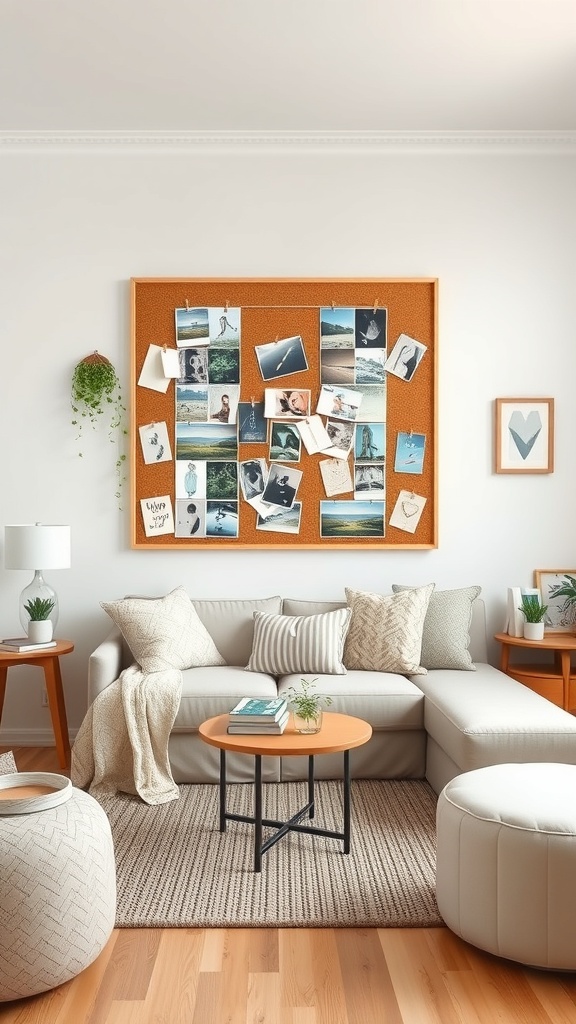 A cozy living room featuring a corkboard collage filled with photos and notes.