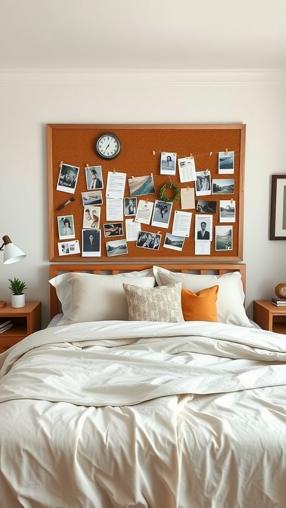 A cozy bedroom featuring a corkboard headboard decorated with photos and notes.