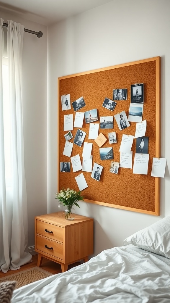 Corkboard wall with photos and notes in a bedroom