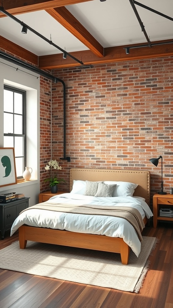 A cozy corner bed in a loft space with exposed brick walls and wooden accents.