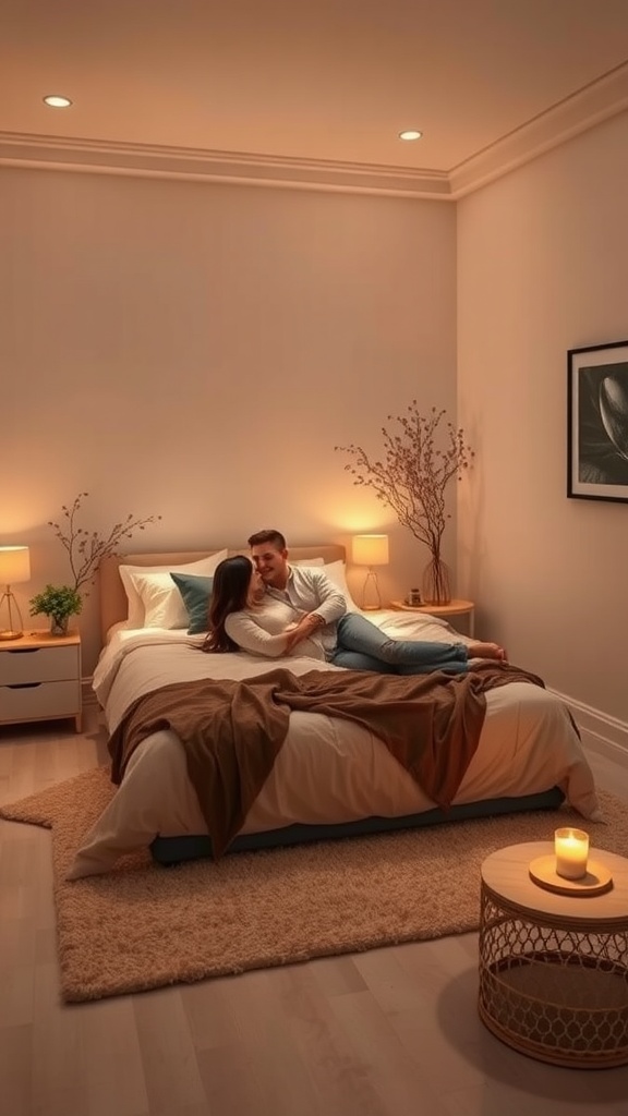 A couple enjoying a cozy moment on a corner bed with soft lighting.