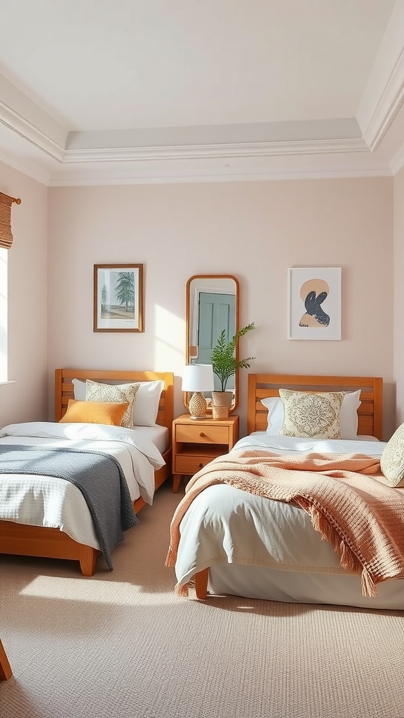 Cozy shared bedroom with corner beds and warm decor
