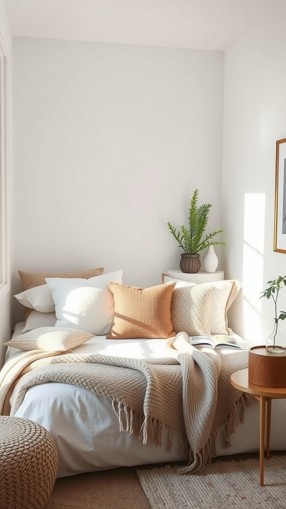 A cozy corner bed nook with soft pillows, a warm blanket, and a small side table with a plant.