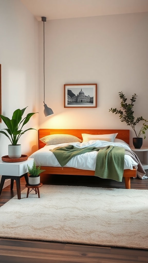 A cozy corner bed setup with plants, soft bedding, and warm lighting.