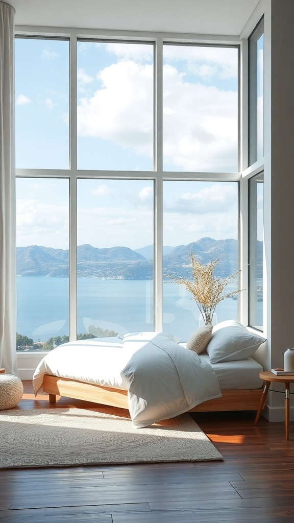 A cozy corner bed with a view of mountains and a lake through large windows.