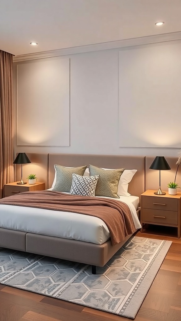 A cozy bedroom featuring a corner bed with built-in nightstands, soft bedding, and warm lighting.