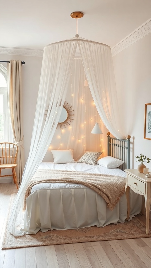 Cozy corner bed with a canopy and fairy lights