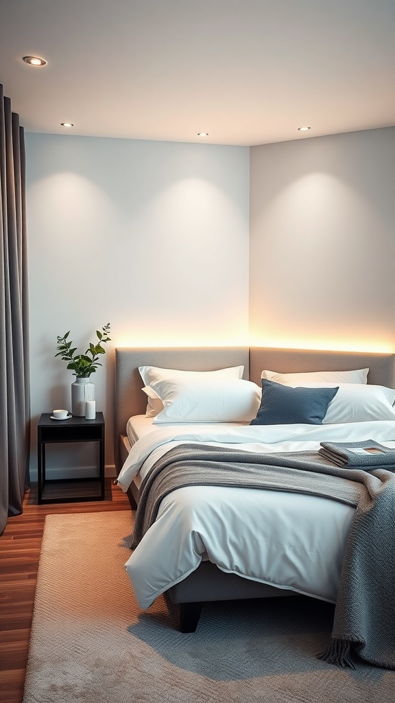 Cozy bedroom featuring a corner bed with integrated lighting and plant decor.