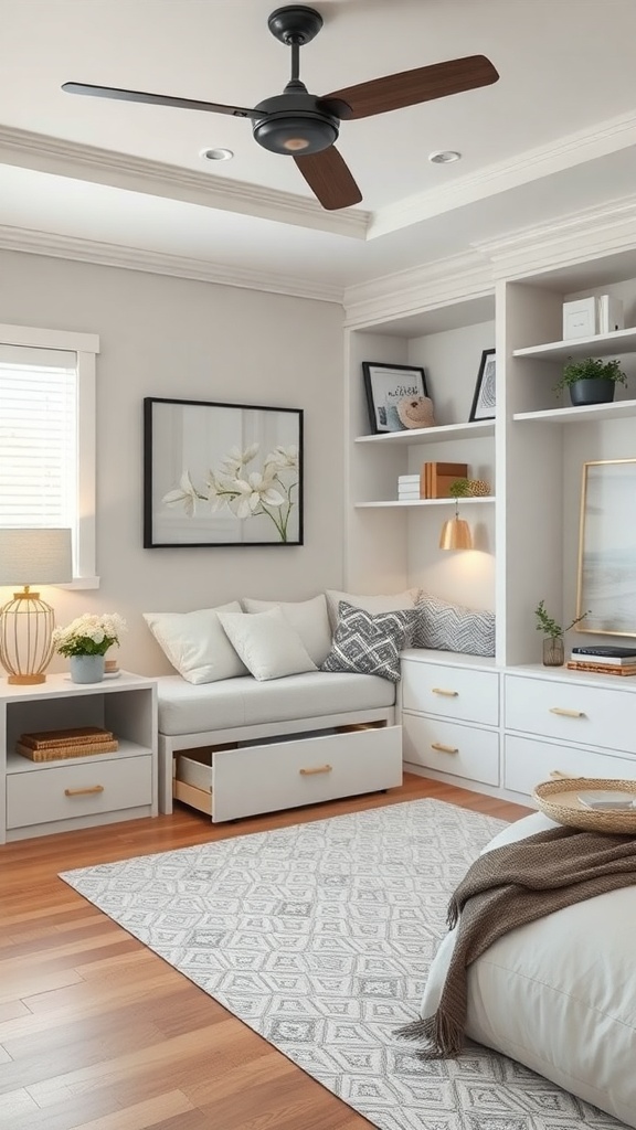 A cozy corner bed with storage drawers and a stylish decor