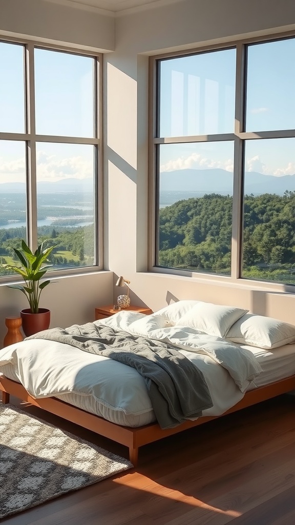 A cozy corner bedroom with large windows showcasing a beautiful outdoor view.