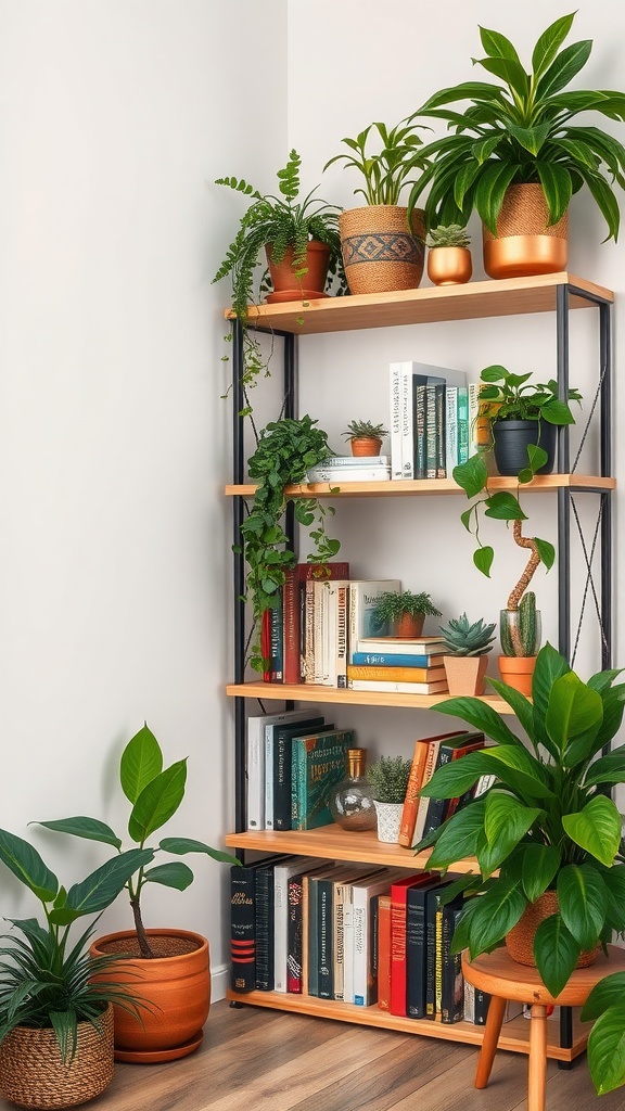 A corner bookshelf featuring plants and books, showcasing a cozy and stylish arrangement.