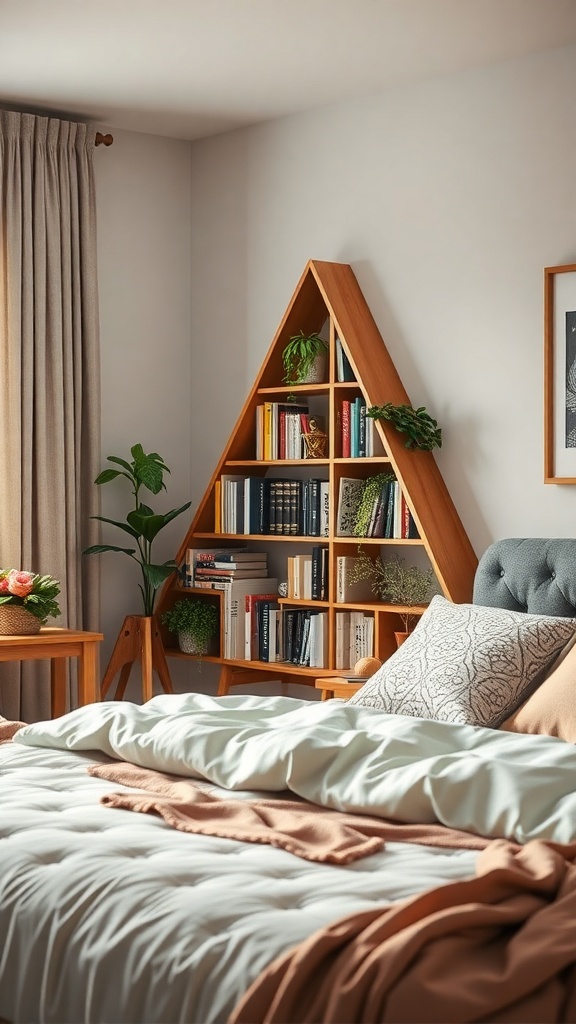 A cozy bedroom featuring a triangular corner bookshelf filled with books and plants, complemented by soft bedding and warm lighting.