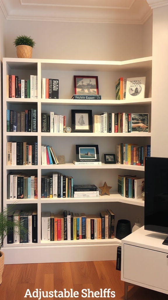 A corner bookshelf with adjustable shelves displaying books and decorative items.
