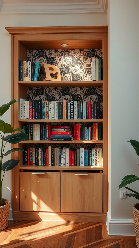 A corner bookshelf with decorative backing, featuring a mix of books and decorative items, illuminated softly.