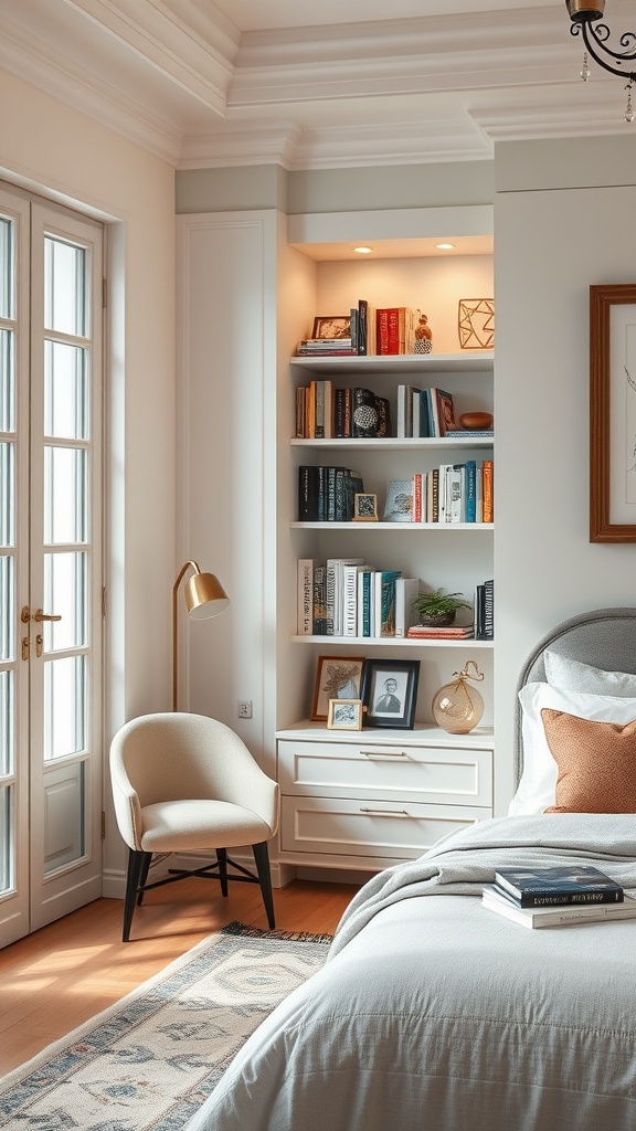 A cozy bedroom featuring a corner bookshelf with glass doors, showcasing books and decorative items.