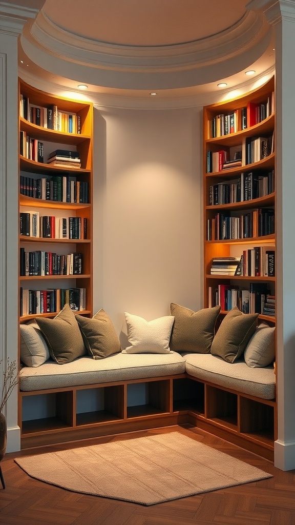 Corner bookshelf with integrated seating featuring soft cushions and warm lighting