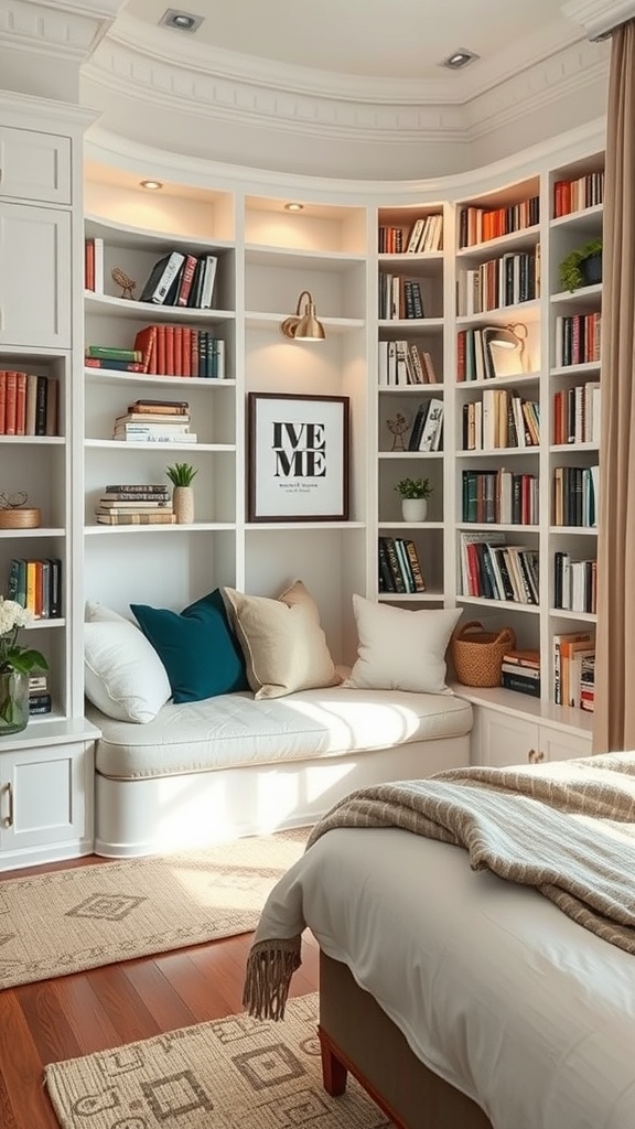 A cozy corner bookshelf with integrated seating, filled with books and decorative items, featuring soft cushions and natural light.