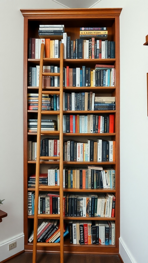 Corner bookshelf with ladder access, displaying various books and a wooden ladder.